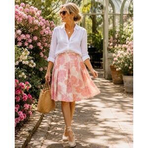 Kay Unger New York 100% Silk Pink Floral Pleated A-Line Skirt Women's Size 14
